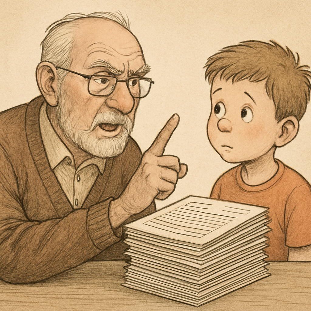 grossvater mit mahnendem Finger und einem Formularstapel der seinem Enkel etwas erzhlt